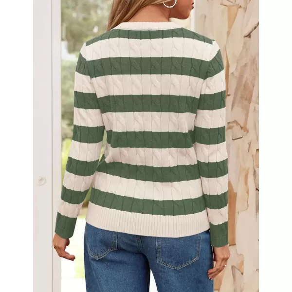imageZESICA Womens Sweaters Fall Winter Casual Striped Long Sleeve Crew Neck Cable Knit Loose Chunky Pullover SweaterGreen