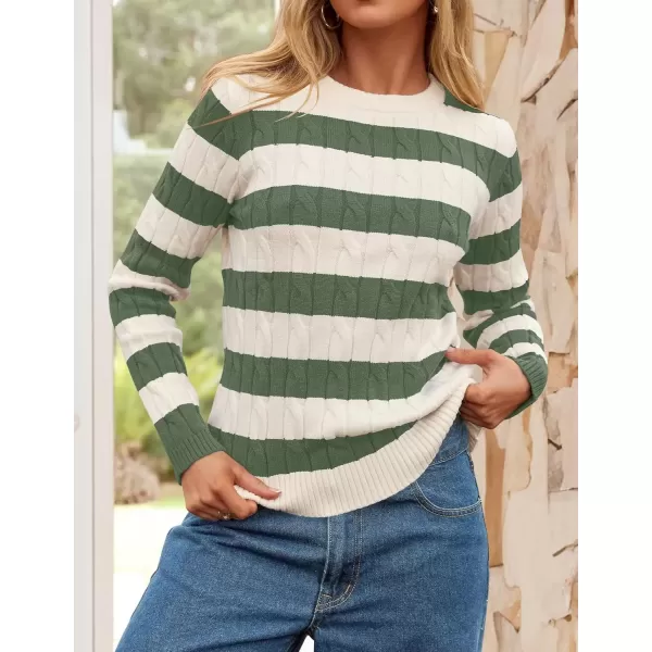 imageZESICA Womens Sweaters Fall Winter Casual Striped Long Sleeve Crew Neck Cable Knit Loose Chunky Pullover SweaterGreen
