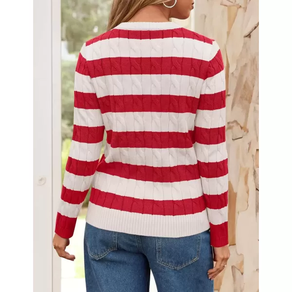 imageZESICA Womens Sweaters Fall Winter Casual Striped Long Sleeve Crew Neck Cable Knit Loose Chunky Pullover SweaterRed