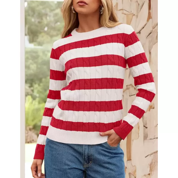 imageZESICA Womens Sweaters Fall Winter Casual Striped Long Sleeve Crew Neck Cable Knit Loose Chunky Pullover SweaterRed