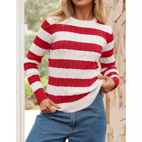 imageZESICA Womens Sweaters Fall Winter Casual Striped Long Sleeve Crew Neck Cable Knit Loose Chunky Pullover SweaterRed