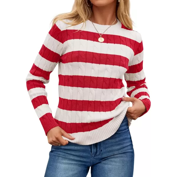 imageZESICA Womens Sweaters Fall Winter Casual Striped Long Sleeve Crew Neck Cable Knit Loose Chunky Pullover SweaterRed