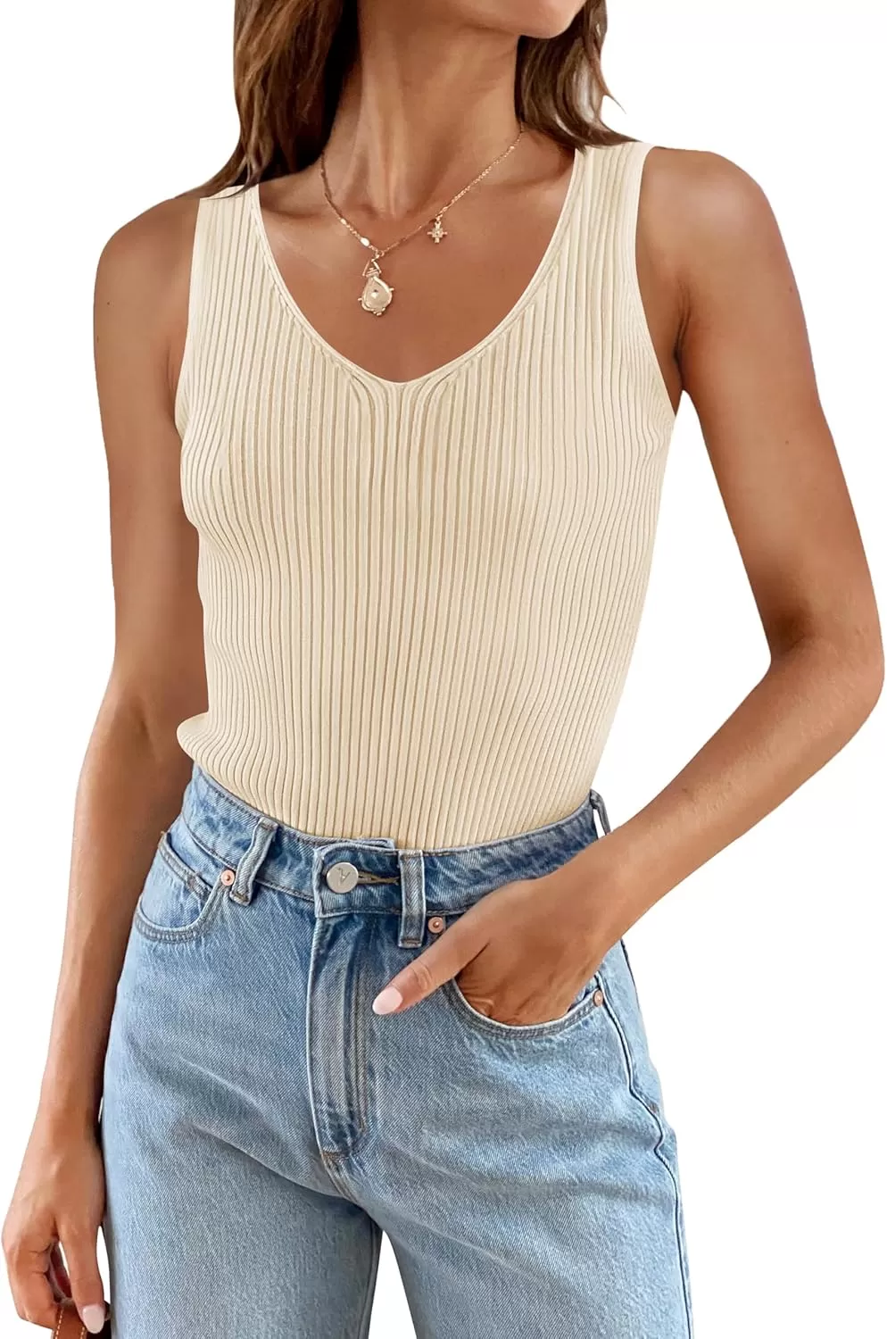 imageZESICA Womens 2024 Ribbed Tank Tops Summer Sleeveless V Neck Shirts Casual Sexy Slim Fitted Basic Knit TeesBeige