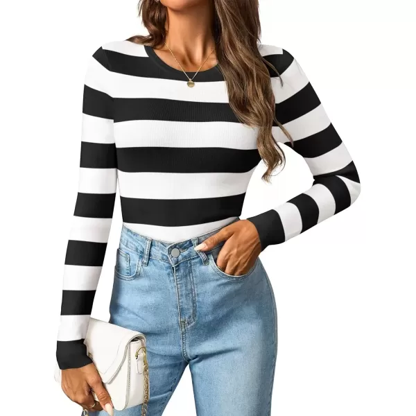 imageZESICA Striped Sweaters for Women 2024 Fall Crewneck Knit Long Sleeve Shirts Slim Fit Casual Basic Tee TopsBlack