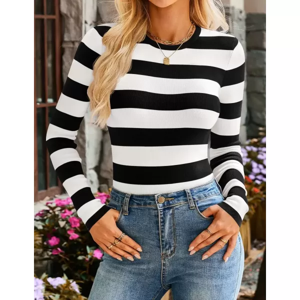 imageZESICA Striped Sweaters for Women 2024 Fall Crewneck Knit Long Sleeve Shirts Slim Fit Casual Basic Tee TopsBlack
