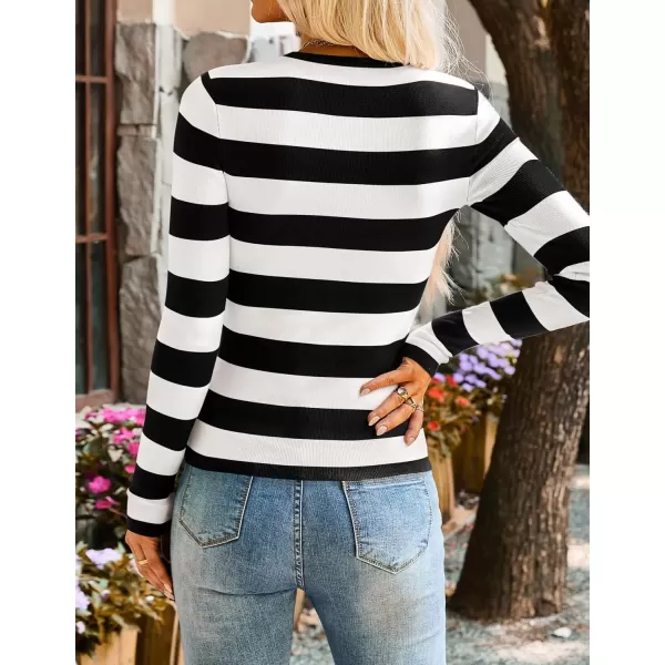 imageZESICA Striped Sweaters for Women 2024 Fall Crewneck Knit Long Sleeve Shirts Slim Fit Casual Basic Tee TopsBlack