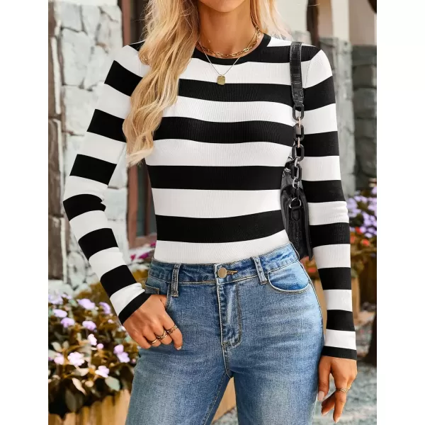 imageZESICA Striped Sweaters for Women 2024 Fall Crewneck Knit Long Sleeve Shirts Slim Fit Casual Basic Tee TopsBlack