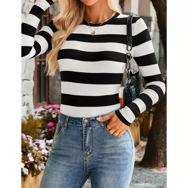 imageZESICA Striped Sweaters for Women 2024 Fall Crewneck Knit Long Sleeve Shirts Slim Fit Casual Basic Tee TopsBlack