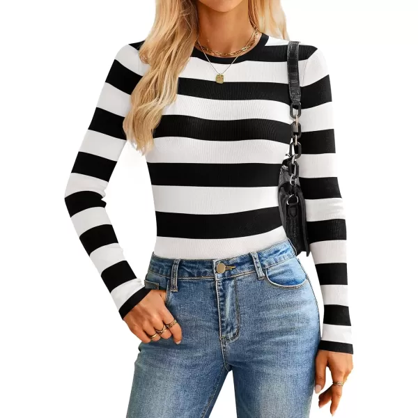 imageZESICA Striped Sweaters for Women 2024 Fall Crewneck Knit Long Sleeve Shirts Slim Fit Casual Basic Tee TopsBlack
