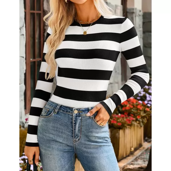 imageZESICA Striped Sweaters for Women 2024 Fall Crewneck Knit Long Sleeve Shirts Slim Fit Casual Basic Tee TopsBlack