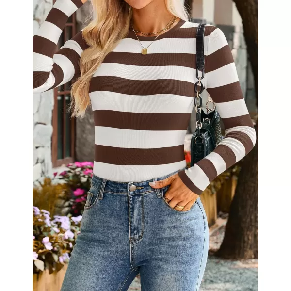imageZESICA Striped Sweaters for Women 2024 Fall Crewneck Knit Long Sleeve Shirts Slim Fit Casual Basic Tee TopsBrown