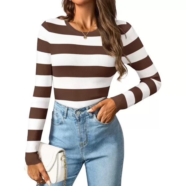 imageZESICA Striped Sweaters for Women 2024 Fall Crewneck Knit Long Sleeve Shirts Slim Fit Casual Basic Tee TopsBrown