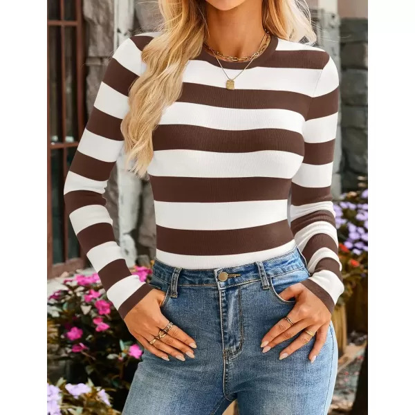 imageZESICA Striped Sweaters for Women 2024 Fall Crewneck Knit Long Sleeve Shirts Slim Fit Casual Basic Tee TopsBrown