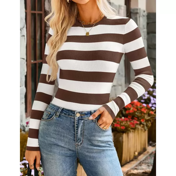 imageZESICA Striped Sweaters for Women 2024 Fall Crewneck Knit Long Sleeve Shirts Slim Fit Casual Basic Tee TopsBrown