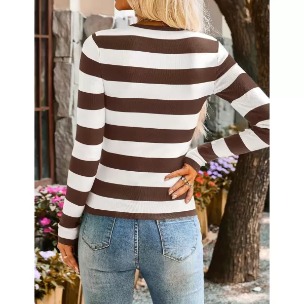 imageZESICA Striped Sweaters for Women 2024 Fall Crewneck Knit Long Sleeve Shirts Slim Fit Casual Basic Tee TopsBrown