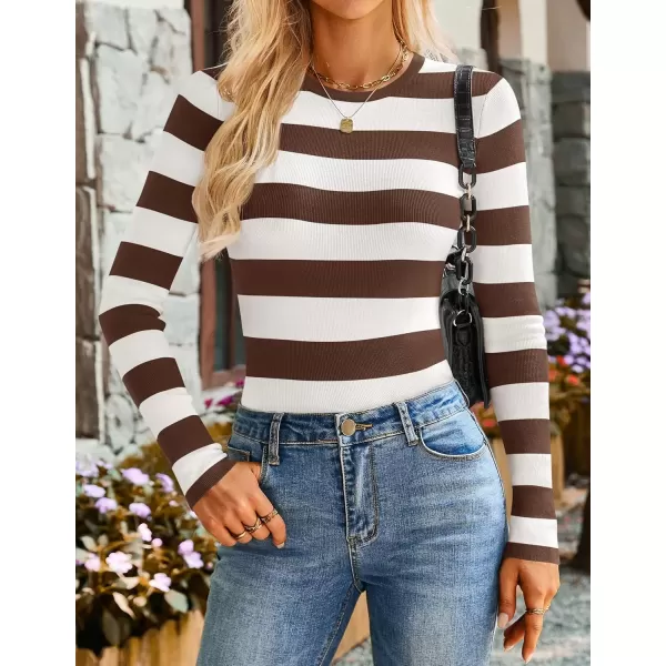 imageZESICA Striped Sweaters for Women 2024 Fall Crewneck Knit Long Sleeve Shirts Slim Fit Casual Basic Tee TopsBrown