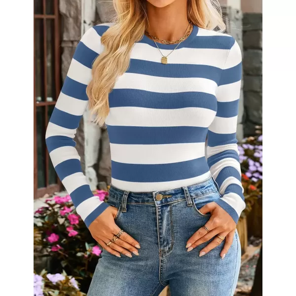 imageZESICA Striped Sweaters for Women 2024 Fall Crewneck Knit Long Sleeve Shirts Slim Fit Casual Basic Tee TopsDusty Blue