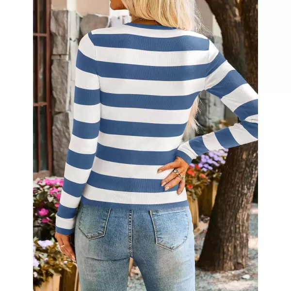 imageZESICA Striped Sweaters for Women 2024 Fall Crewneck Knit Long Sleeve Shirts Slim Fit Casual Basic Tee TopsDusty Blue