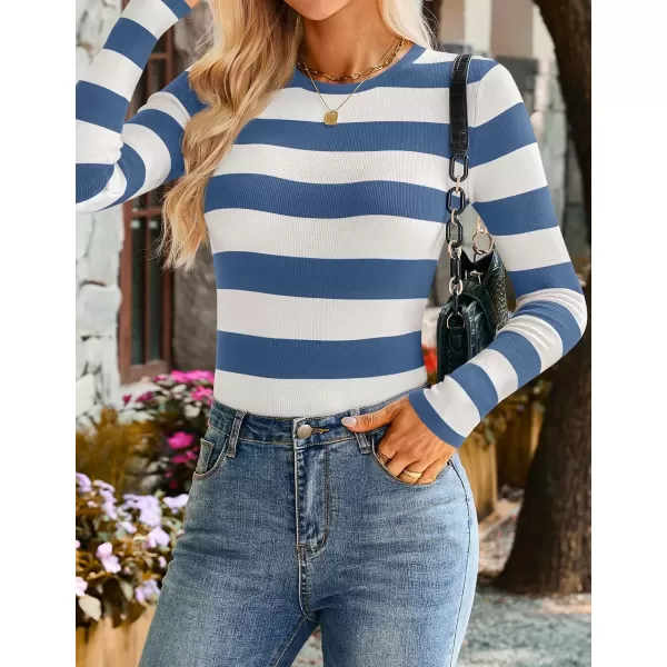 imageZESICA Striped Sweaters for Women 2024 Fall Crewneck Knit Long Sleeve Shirts Slim Fit Casual Basic Tee TopsDusty Blue