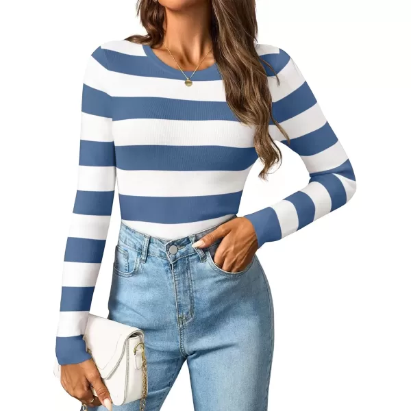 imageZESICA Striped Sweaters for Women 2024 Fall Crewneck Knit Long Sleeve Shirts Slim Fit Casual Basic Tee TopsDusty Blue