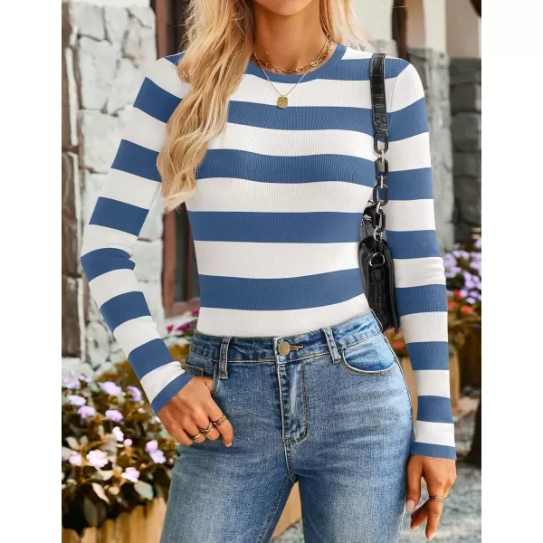imageZESICA Striped Sweaters for Women 2024 Fall Crewneck Knit Long Sleeve Shirts Slim Fit Casual Basic Tee TopsDusty Blue