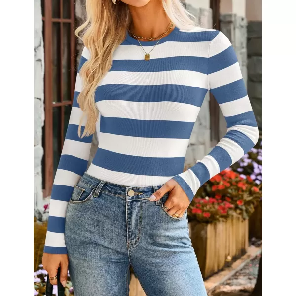 imageZESICA Striped Sweaters for Women 2024 Fall Crewneck Knit Long Sleeve Shirts Slim Fit Casual Basic Tee TopsDusty Blue