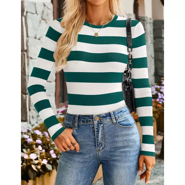 imageZESICA Striped Sweaters for Women 2024 Fall Crewneck Knit Long Sleeve Shirts Slim Fit Casual Basic Tee TopsGreen