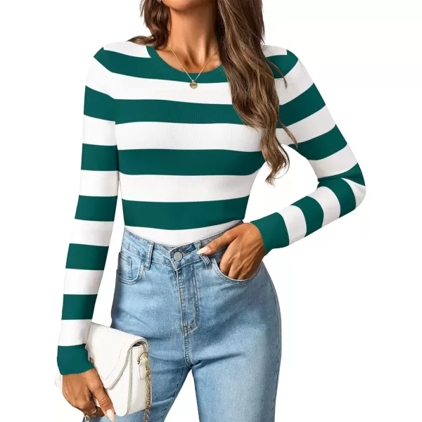 imageZESICA Striped Sweaters for Women 2024 Fall Crewneck Knit Long Sleeve Shirts Slim Fit Casual Basic Tee TopsGreen