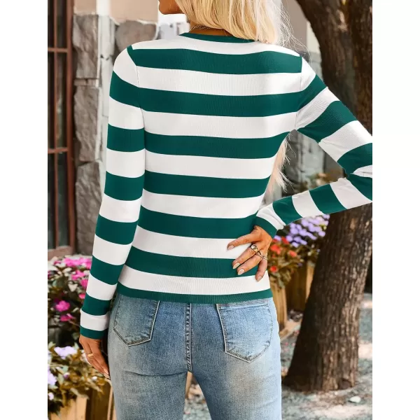 imageZESICA Striped Sweaters for Women 2024 Fall Crewneck Knit Long Sleeve Shirts Slim Fit Casual Basic Tee TopsGreen