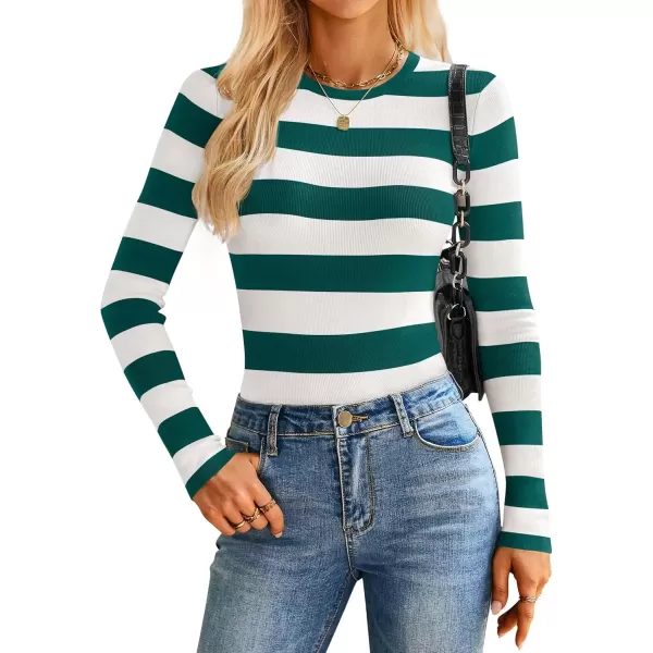 imageZESICA Striped Sweaters for Women 2024 Fall Crewneck Knit Long Sleeve Shirts Slim Fit Casual Basic Tee TopsGreen