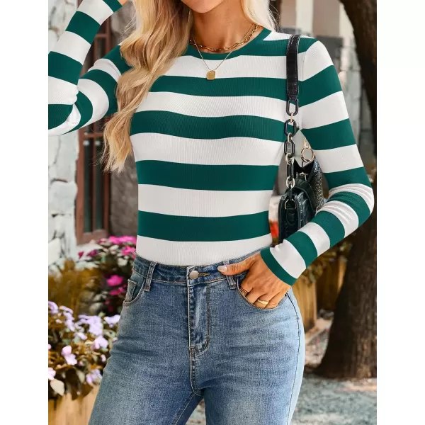 imageZESICA Striped Sweaters for Women 2024 Fall Crewneck Knit Long Sleeve Shirts Slim Fit Casual Basic Tee TopsGreen