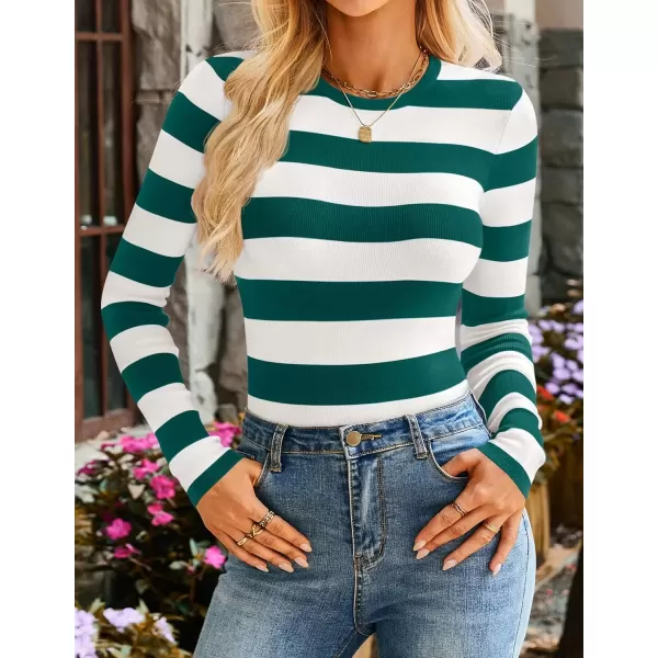 imageZESICA Striped Sweaters for Women 2024 Fall Crewneck Knit Long Sleeve Shirts Slim Fit Casual Basic Tee TopsGreen