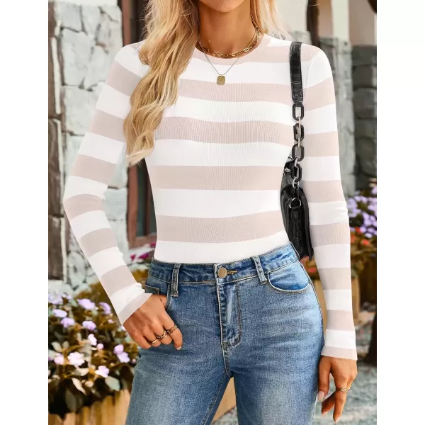 imageZESICA Striped Sweaters for Women 2024 Fall Crewneck Knit Long Sleeve Shirts Slim Fit Casual Basic Tee TopsSand