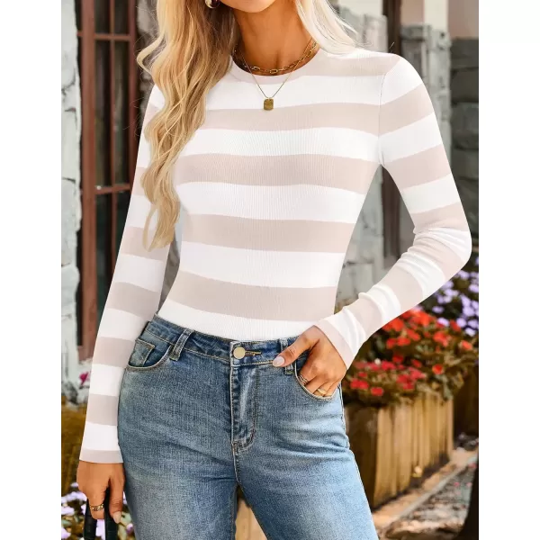 imageZESICA Striped Sweaters for Women 2024 Fall Crewneck Knit Long Sleeve Shirts Slim Fit Casual Basic Tee TopsSand
