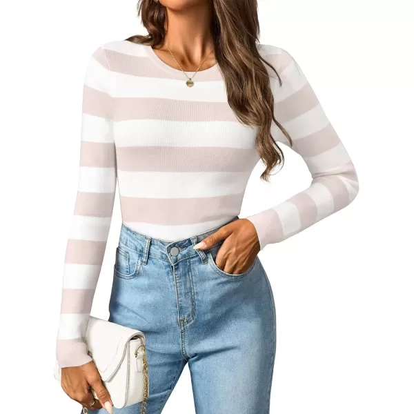imageZESICA Striped Sweaters for Women 2024 Fall Crewneck Knit Long Sleeve Shirts Slim Fit Casual Basic Tee TopsSand