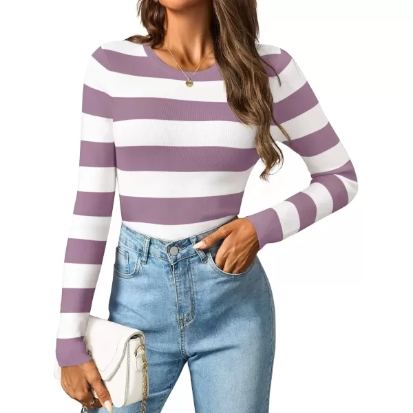 imageZESICA Striped Sweaters for Women 2024 Fall Crewneck Knit Long Sleeve Shirts Slim Fit Casual Basic Tee TopsTaro