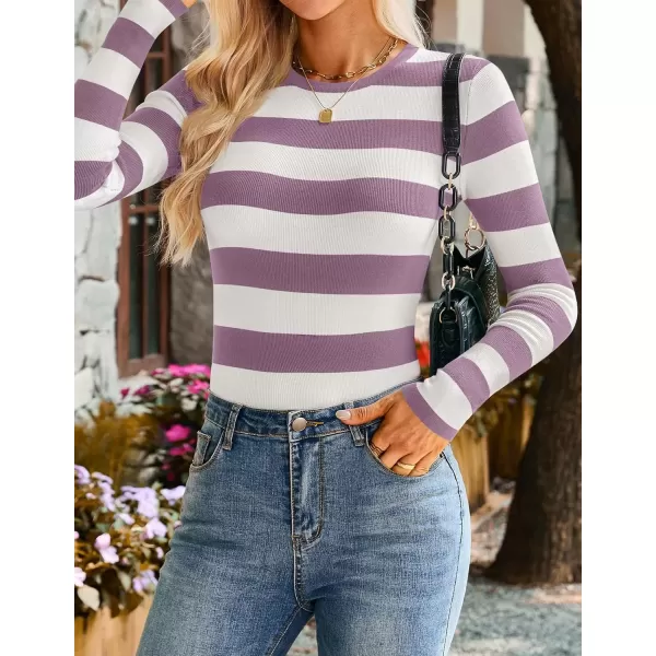 imageZESICA Striped Sweaters for Women 2024 Fall Crewneck Knit Long Sleeve Shirts Slim Fit Casual Basic Tee TopsTaro