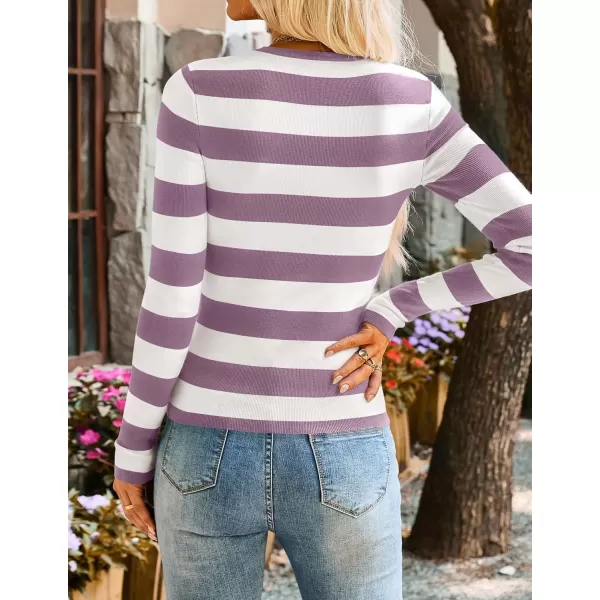 imageZESICA Striped Sweaters for Women 2024 Fall Crewneck Knit Long Sleeve Shirts Slim Fit Casual Basic Tee TopsTaro