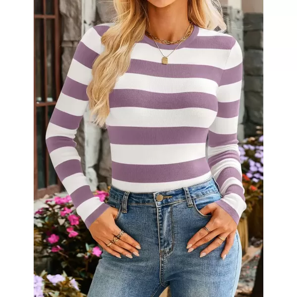 imageZESICA Striped Sweaters for Women 2024 Fall Crewneck Knit Long Sleeve Shirts Slim Fit Casual Basic Tee TopsTaro