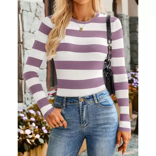 imageZESICA Striped Sweaters for Women 2024 Fall Crewneck Knit Long Sleeve Shirts Slim Fit Casual Basic Tee TopsTaro