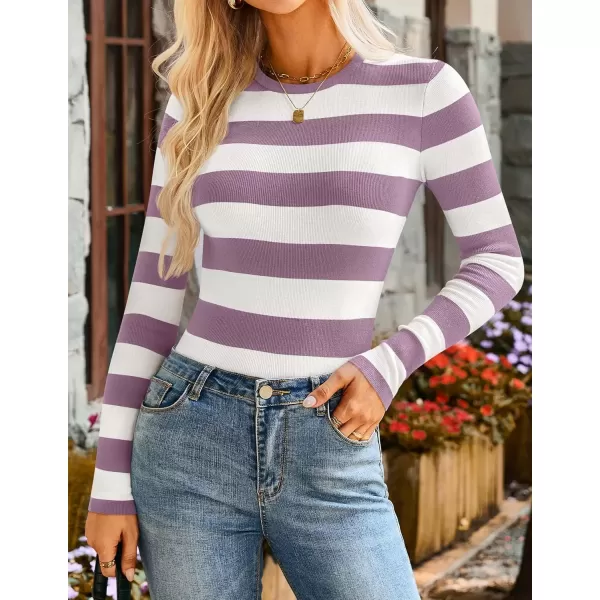 imageZESICA Striped Sweaters for Women 2024 Fall Crewneck Knit Long Sleeve Shirts Slim Fit Casual Basic Tee TopsTaro