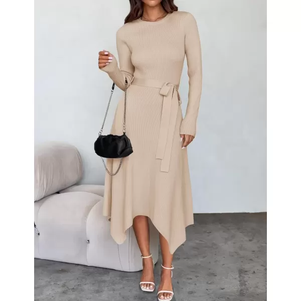 imageZESICA Womens 2024 Fall Long Sleeve Crewneck Ribbed Knit High Waist Midi Sweater Dresses with BeltApricot