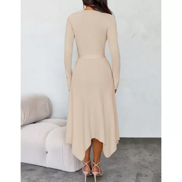 imageZESICA Womens 2024 Fall Long Sleeve Crewneck Ribbed Knit High Waist Midi Sweater Dresses with BeltApricot