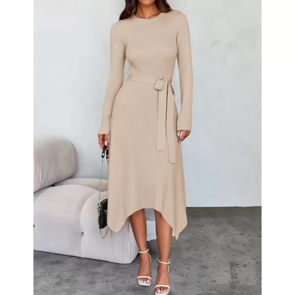 imageZESICA Womens 2024 Fall Long Sleeve Crewneck Ribbed Knit High Waist Midi Sweater Dresses with BeltApricot