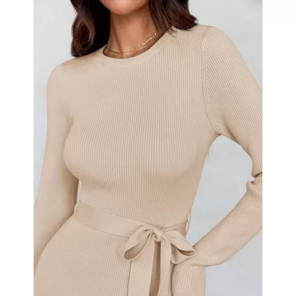 imageZESICA Womens 2024 Fall Long Sleeve Crewneck Ribbed Knit High Waist Midi Sweater Dresses with BeltApricot