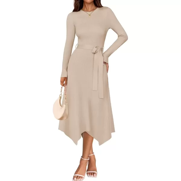 imageZESICA Womens 2024 Fall Long Sleeve Crewneck Ribbed Knit High Waist Midi Sweater Dresses with BeltApricot