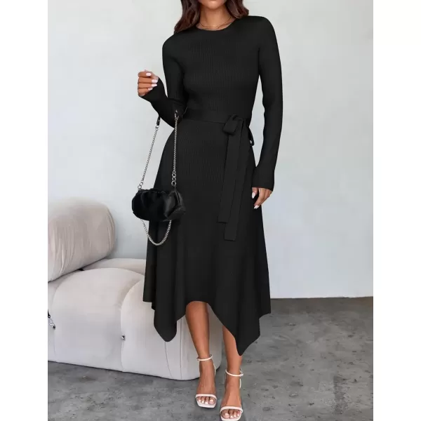 imageZESICA Womens 2024 Fall Long Sleeve Crewneck Ribbed Knit High Waist Midi Sweater Dresses with BeltBlack
