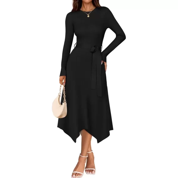 imageZESICA Womens 2024 Fall Long Sleeve Crewneck Ribbed Knit High Waist Midi Sweater Dresses with BeltBlack