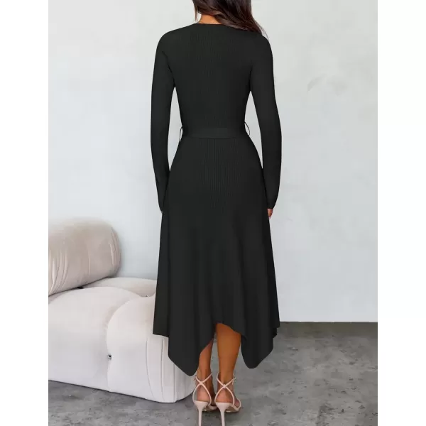 imageZESICA Womens 2024 Fall Long Sleeve Crewneck Ribbed Knit High Waist Midi Sweater Dresses with BeltBlack