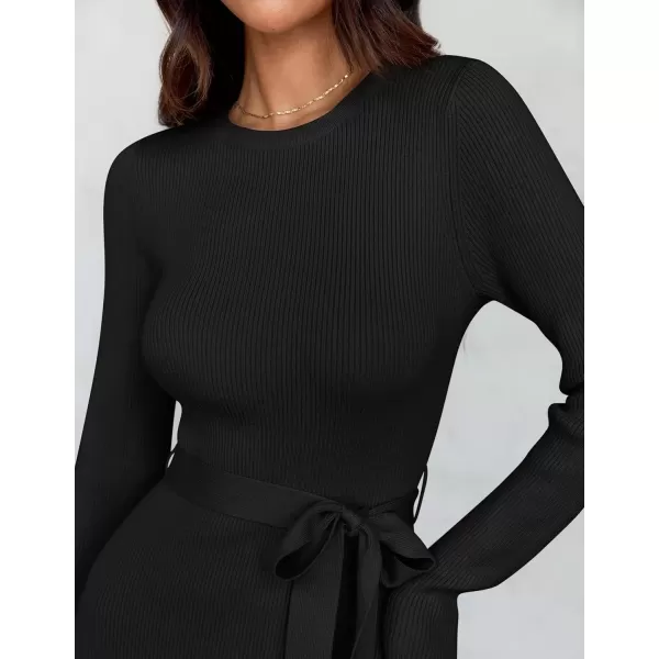 imageZESICA Womens 2024 Fall Long Sleeve Crewneck Ribbed Knit High Waist Midi Sweater Dresses with BeltBlack